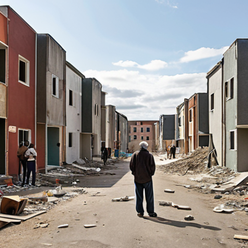 Home 4 An old, dilapidated urban neighborhood is visibly transforming into a modern, harmonious community. In the foreground, diverse residents, previously looking frustrated and disunited, are now gathered with a sense of peace and cooperation, guided by a calm, transparent figure representing a public mediator. Subtle visual cues suggest the resolution of complex conflicts, leading to a hopeful vision of a unified, newly planned residential area under public reconstruction.